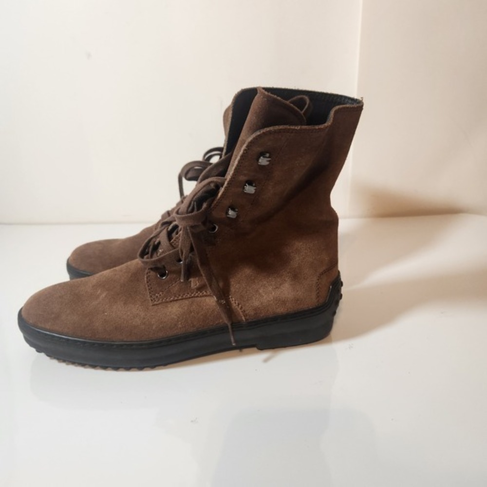 Tods Brown Suede Lace Up Combat Boots Italian Luxury Ankle Boots Lug Sole